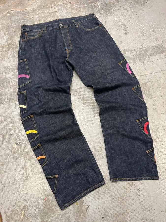 1990s Evisu Multi Pockets Painted Brut Denim Large Collector Jeans - Image 6