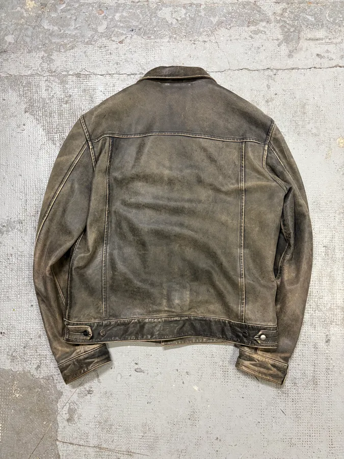 1990s Gianfranco Ferré Grey Eroded Leather Trucker Jacket - Image 5