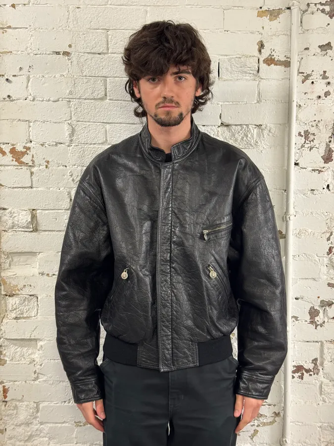 1990s Gianni Versace Black Leather Quilted Bomber Jacket - Image 2