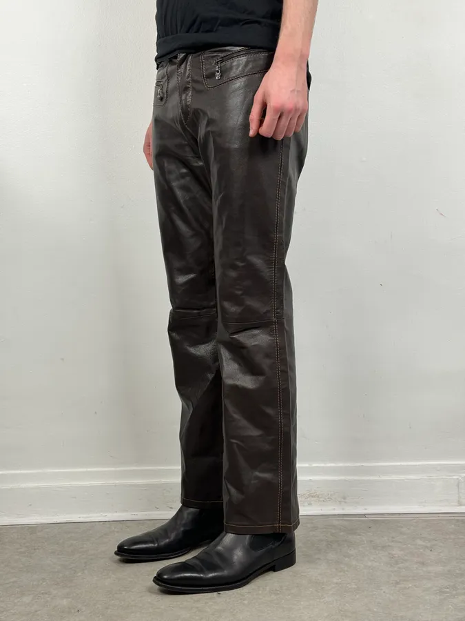 1990s Gianni Versace Brown Leather Biker Pants - Image 3