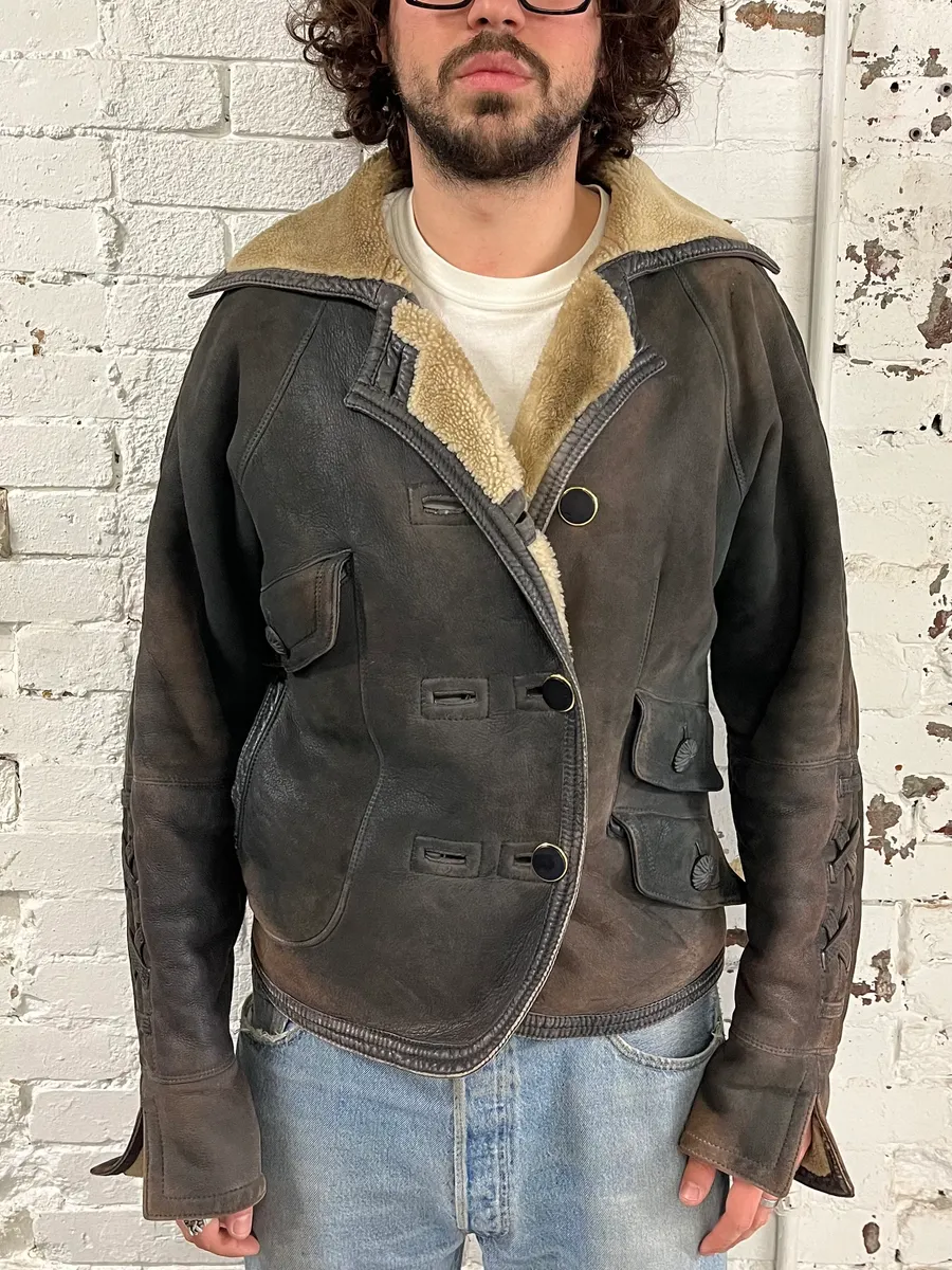 1990s Gianni Versace Brown Shearling Lace Up Sleeves Leather Jacket - Image 2