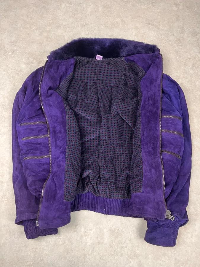 1990s Gianni Versace Purple Multi Zips Fur Collar Bomber Jacket - Image 8