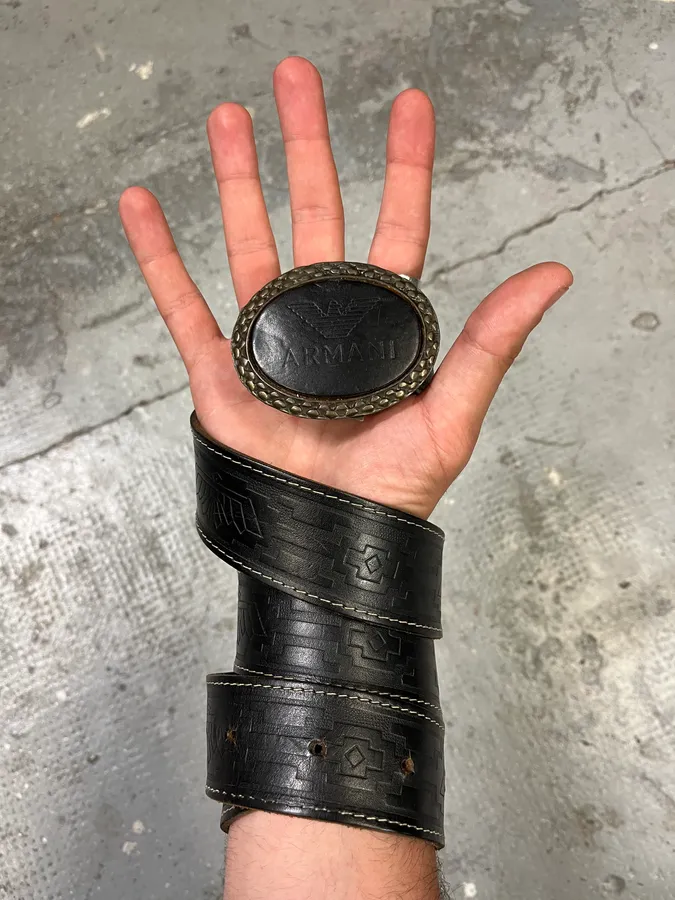1990s Giorgio Armani Aztec Black Leather Belt