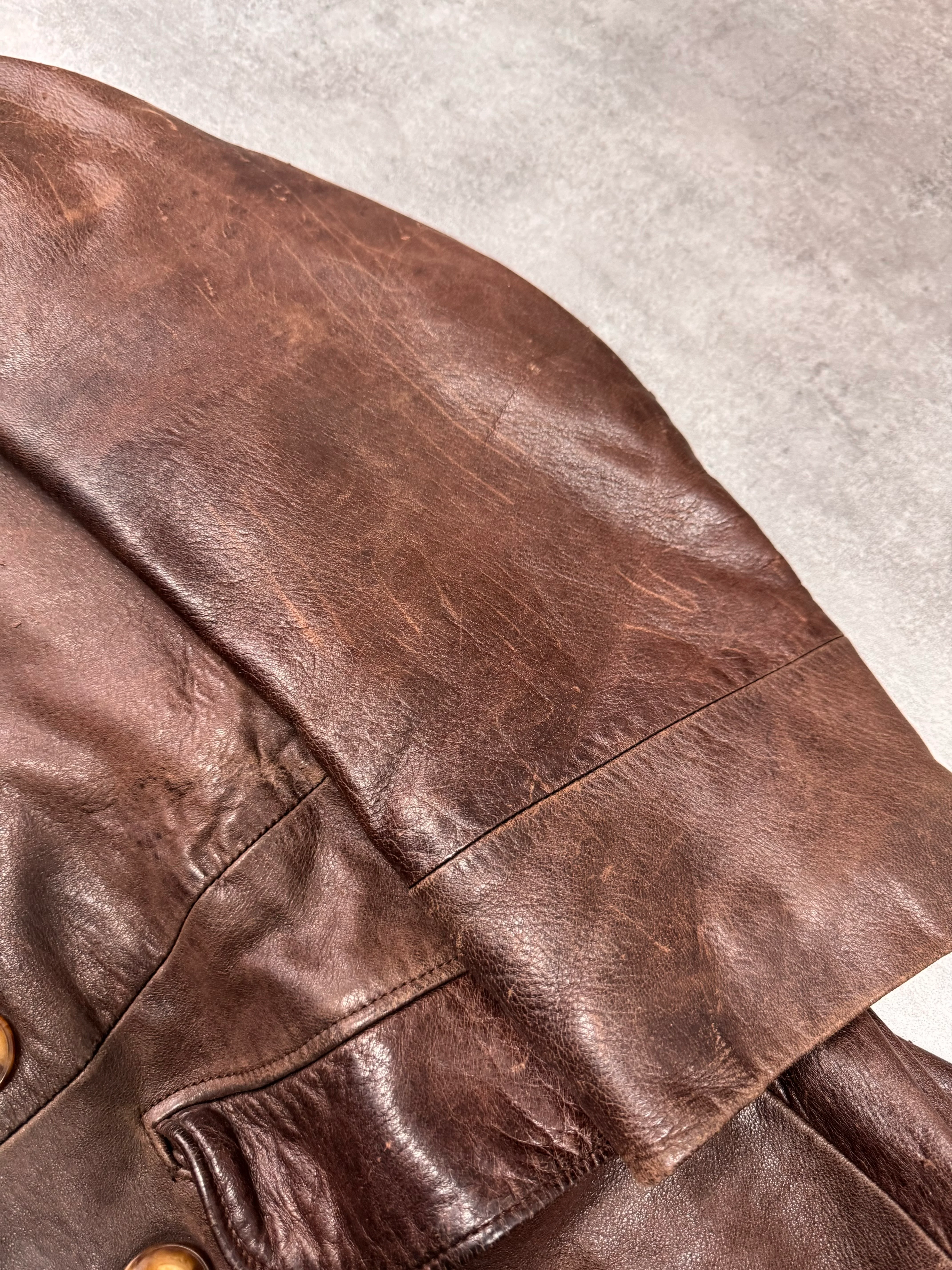 1990s Giorgio Armani Brown Leather Long Coat - Image 8