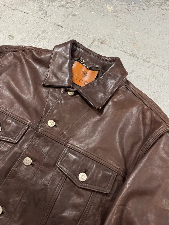1990s Gucci Buttoned Brown Leather Jacket - Image 2