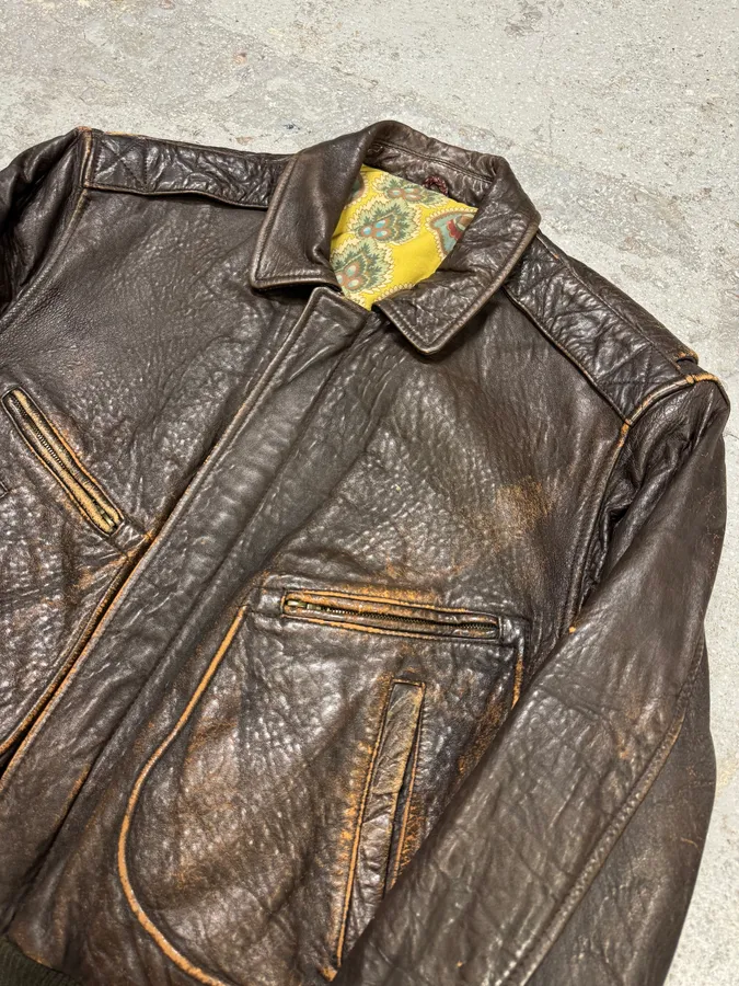 1990s Hugo Boss Grain Brown Leather Bomber Jacket - Image 4