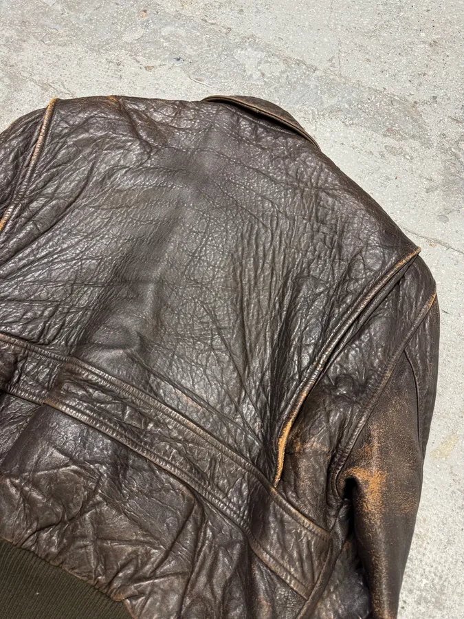 1990s Hugo Boss Grain Brown Leather Bomber Jacket - Image 7