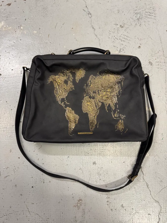 1990s Jean Paul Gaultier Black Nylon Messenger Gold World Map Bag - Image 4