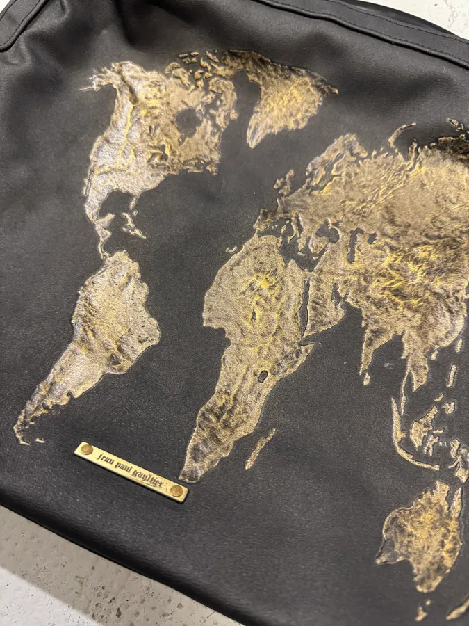 1990s Jean Paul Gaultier Black Nylon Messenger Gold World Map Bag - Image 5