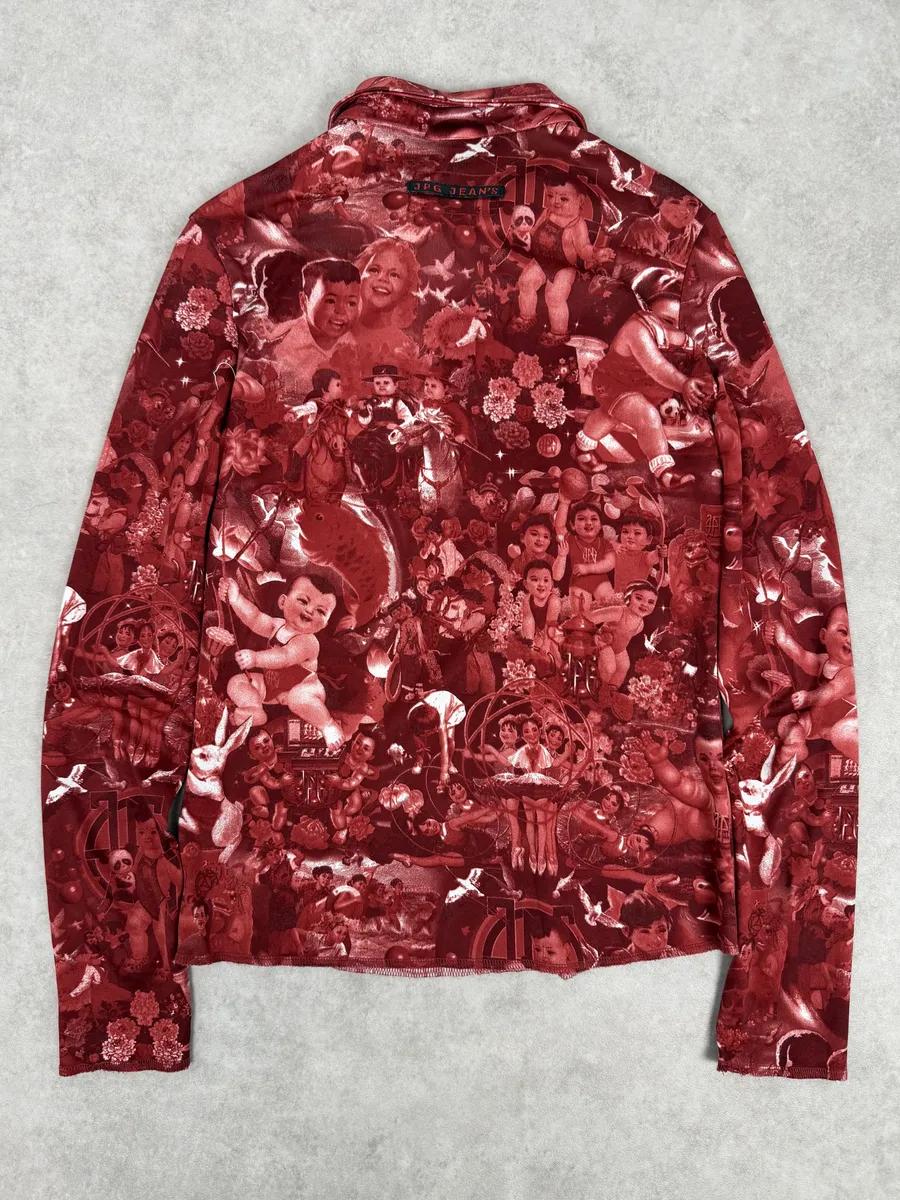 1990s Jean Paul Gaultier Burgundy Baby Asian World Shirt - Image 2