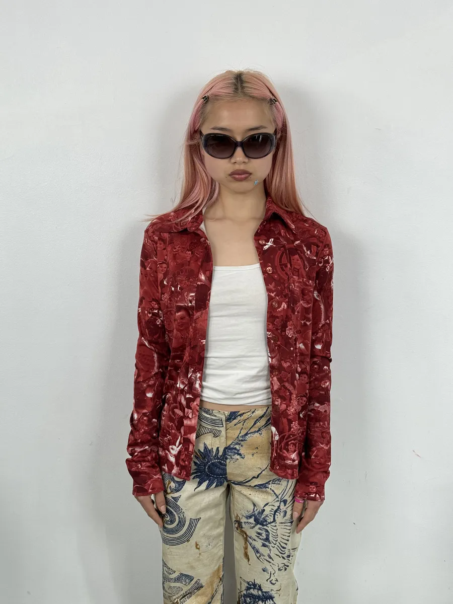 1990s Jean Paul Gaultier Burgundy Baby Asian World Shirt - Image 3