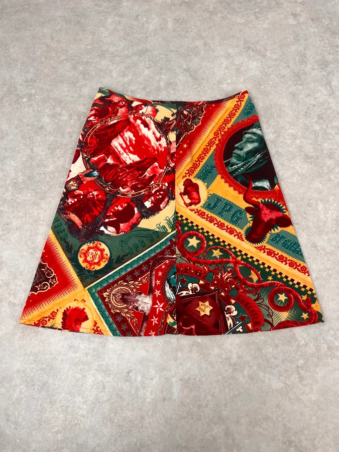 1990s Jean Paul Gaultier Cardigan & Skirt Red Abstract Indian Set - Image 14