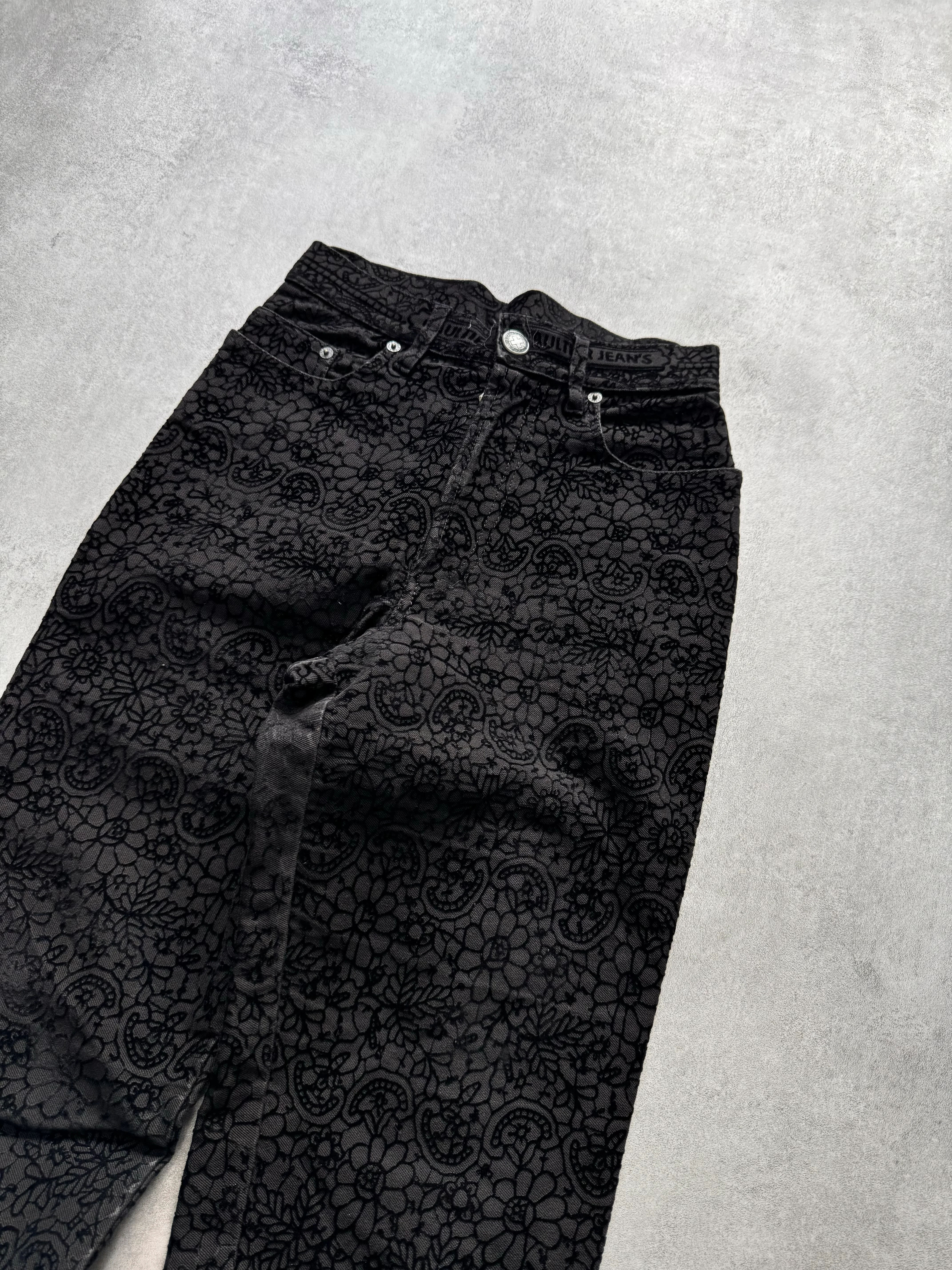 1990s Jean Paul Gaultier Glamour Velvet Black Denim Pants - Image 2
