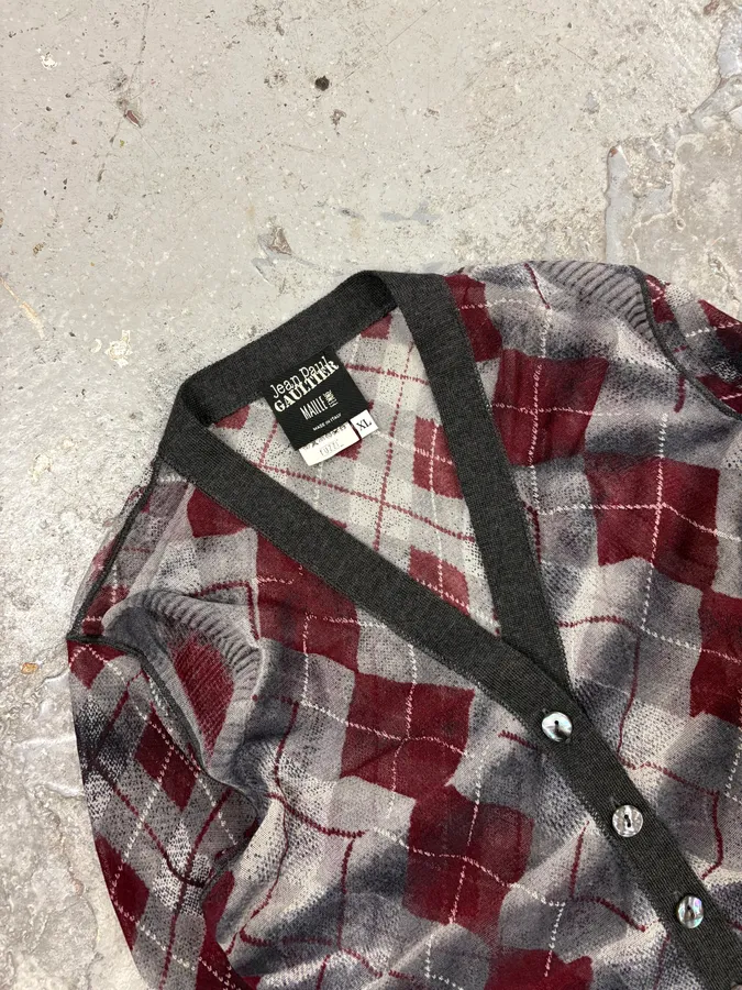 1990s Jean Paul Gaultier Maille Checkered Bordeaux Cardigan - Image 3