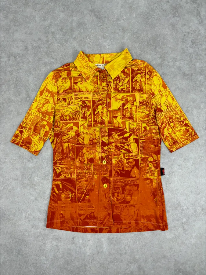 1990s Jean Paul Gaultier Orange Viscose Comic Strip Shirt