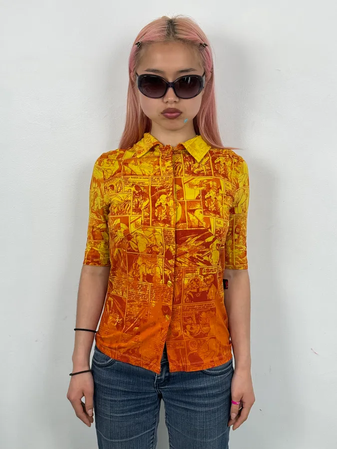 1990s Jean Paul Gaultier Orange Viscose Comic Strip Shirt - Image 2