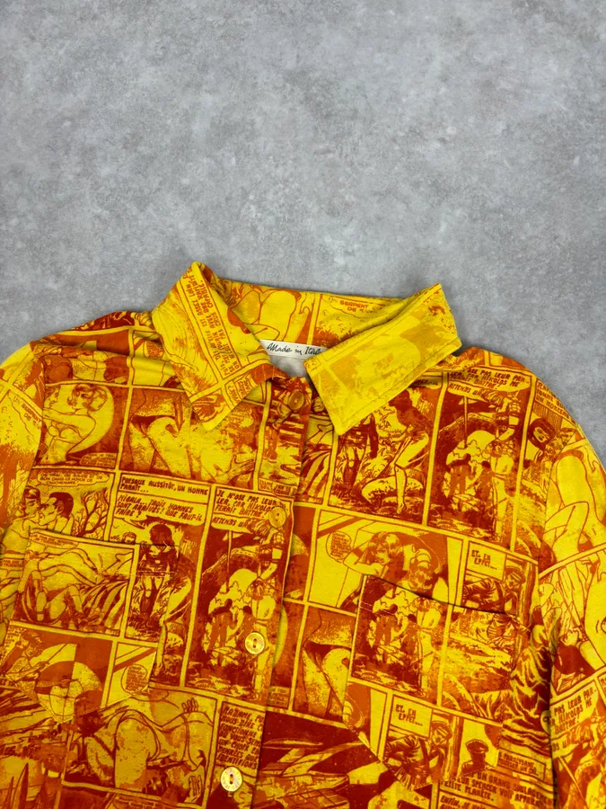 1990s Jean Paul Gaultier Orange Viscose Comic Strip Shirt - Image 4