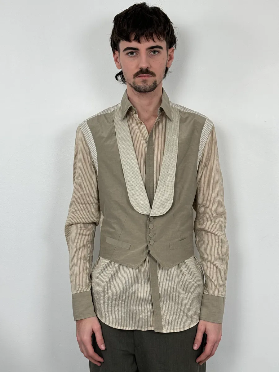 1990s Kenzo Beige & Light Green Patchwork Vest Shirt - Image 2