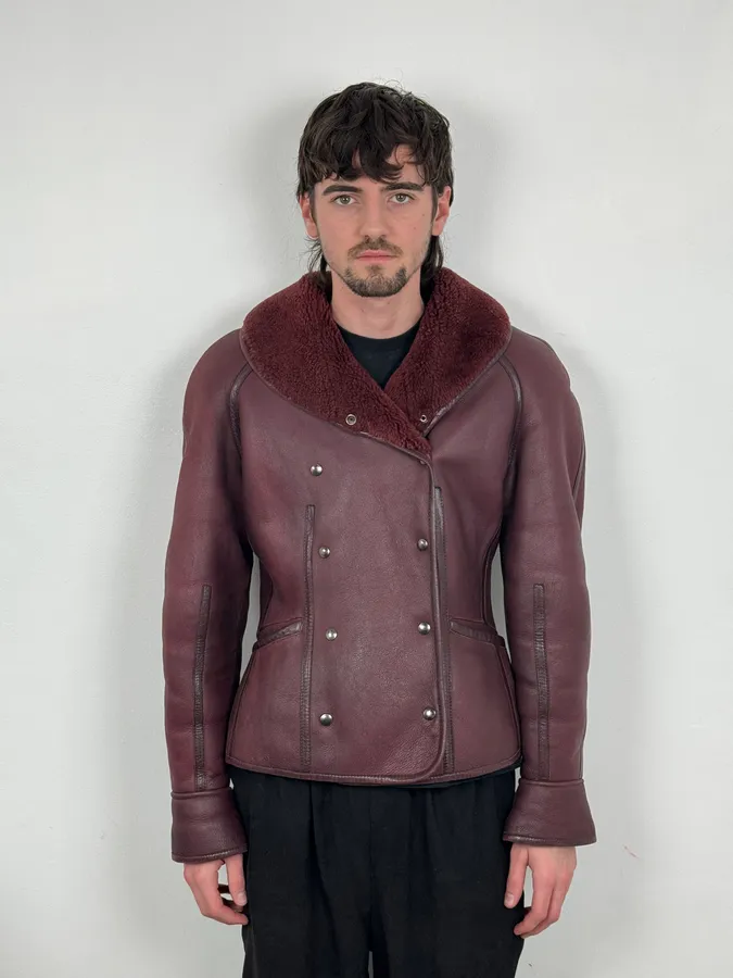 1990s Kenzo Bordeaux Shearling Leather Jacket - Image 2