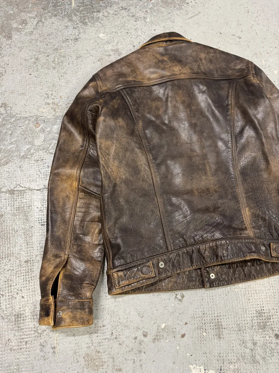 1990s Levi’s Brown Buttoned Eroded Leather Jacket - Image 5