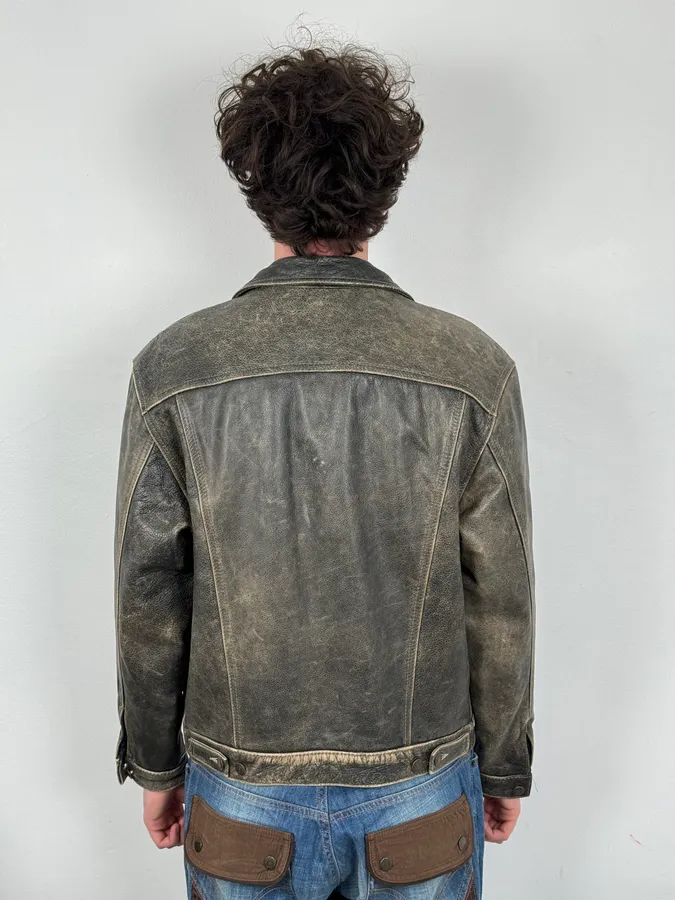 1990s Levi’s Grey Eroded Leather Buttoned Trucker Jacket - Image 3