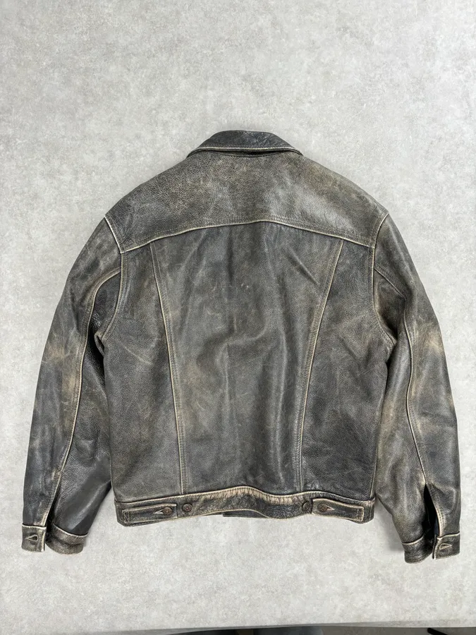1990s Levi’s Grey Eroded Leather Buttoned Trucker Jacket - Image 5
