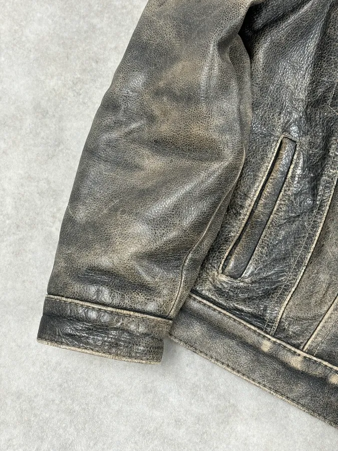 1990s Levi’s Grey Eroded Leather Buttoned Trucker Jacket - Image 9