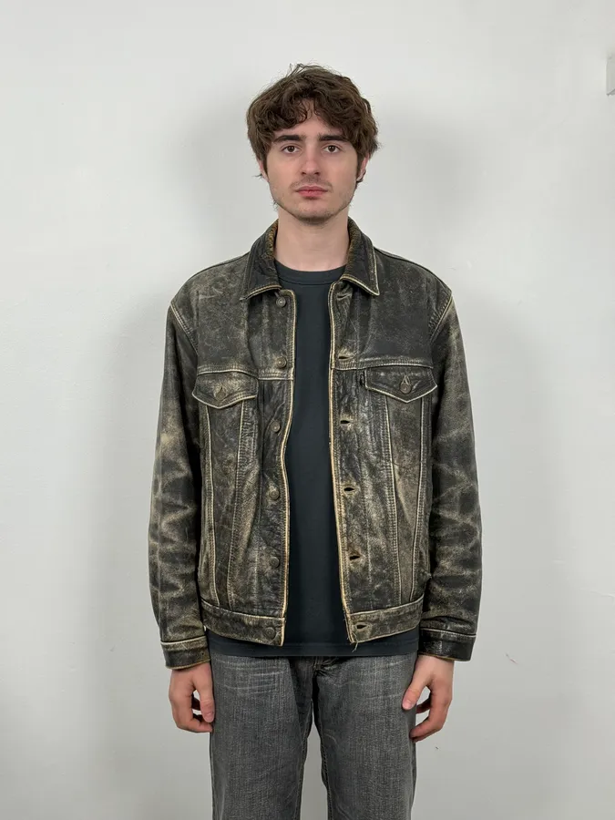1990s Levi’s Grey Eroded Trucker Leather Jacket - Image 2