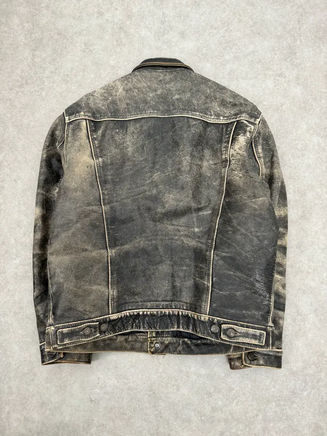 1990s Levi’s Grey Eroded Trucker Leather Jacket - Image 7