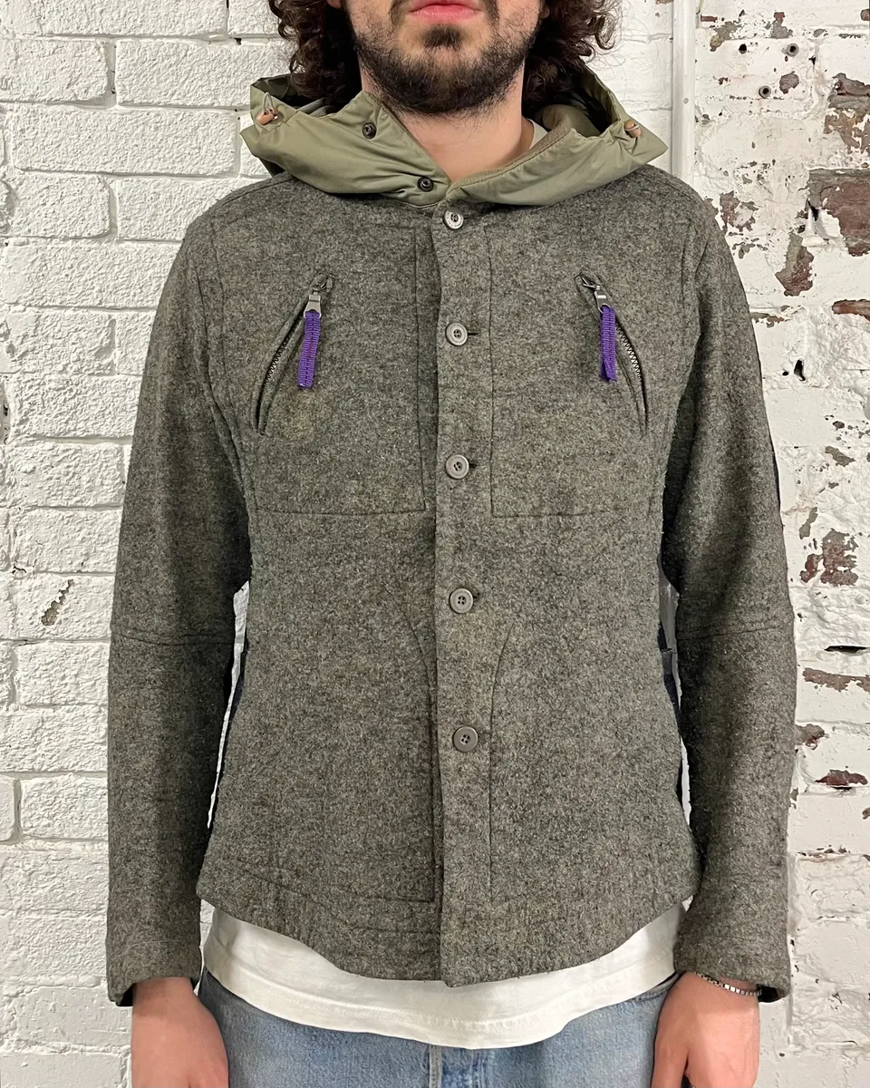 1990s Marithé et François Girbaud Khaki Wool & Denim Sleeves Jacket - Image 2