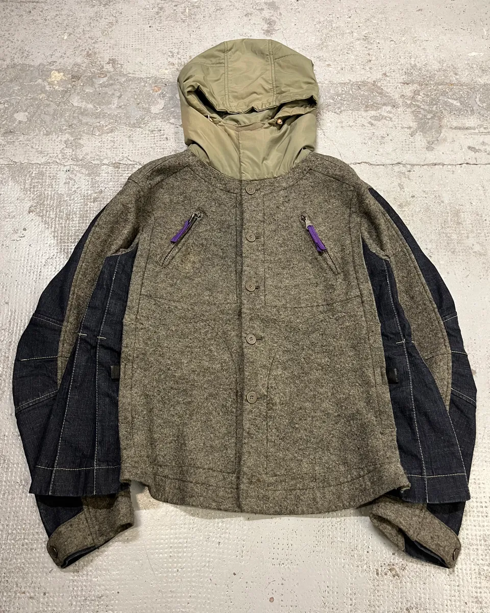 1990s Marithé et François Girbaud Khaki Wool & Denim Sleeves Jacket - Image 4