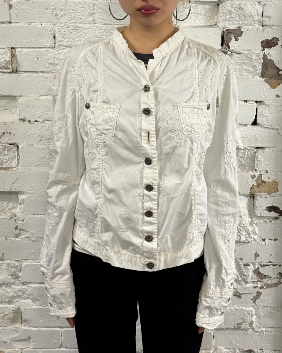 1990s Marithé + François Girbaud White Eyelet Embroidered Shirt - Image 2