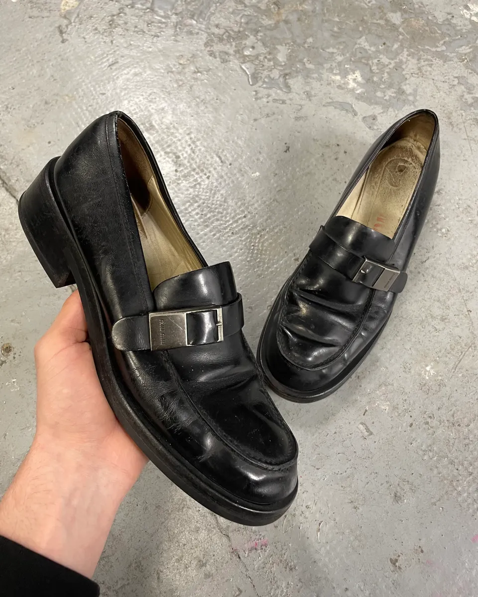 1990s MiuMiu Buckle Black Leather Loafers