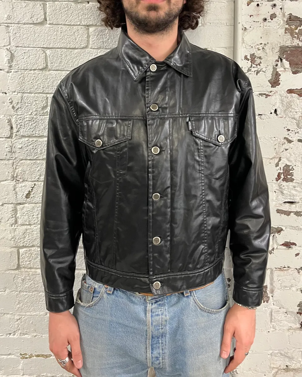 1990s Moschino Black Trucker Eco Leather Jacket - Image 2