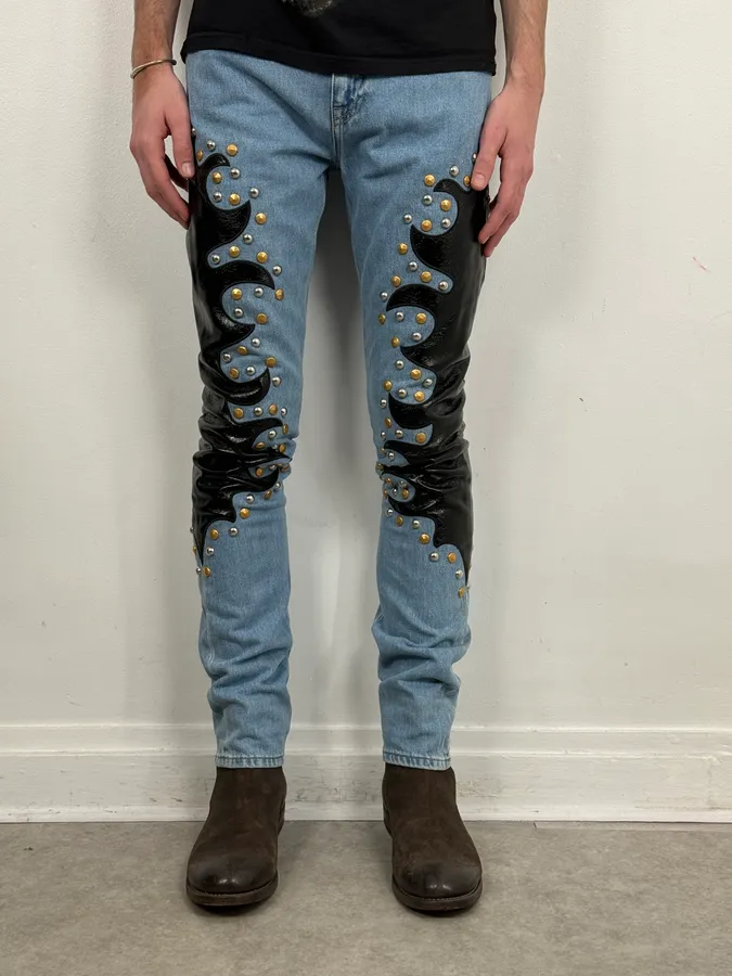 1990s Moschino Blue Denim & Black Leather Jeans - Image 2