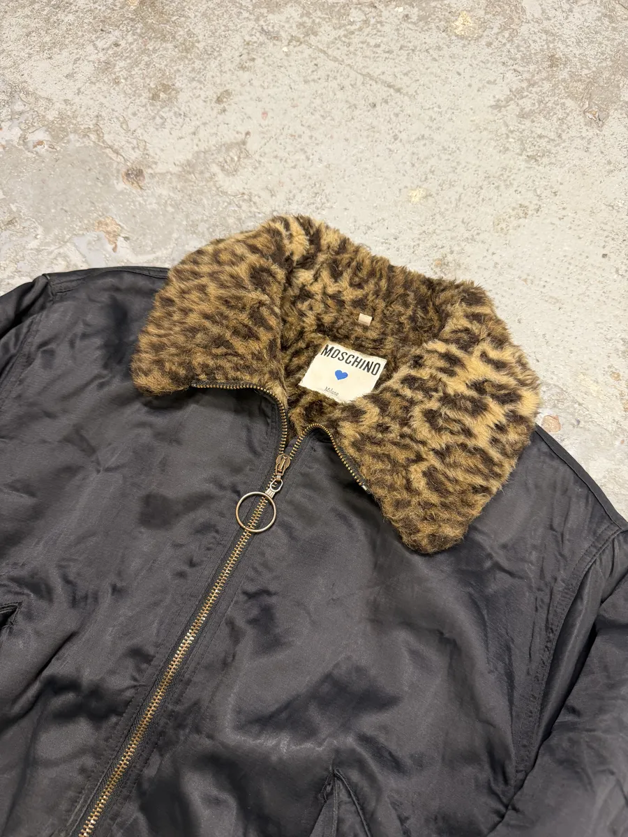 1990s Moschino Leopard Fur Print Black Bomber Jacket - Image 9