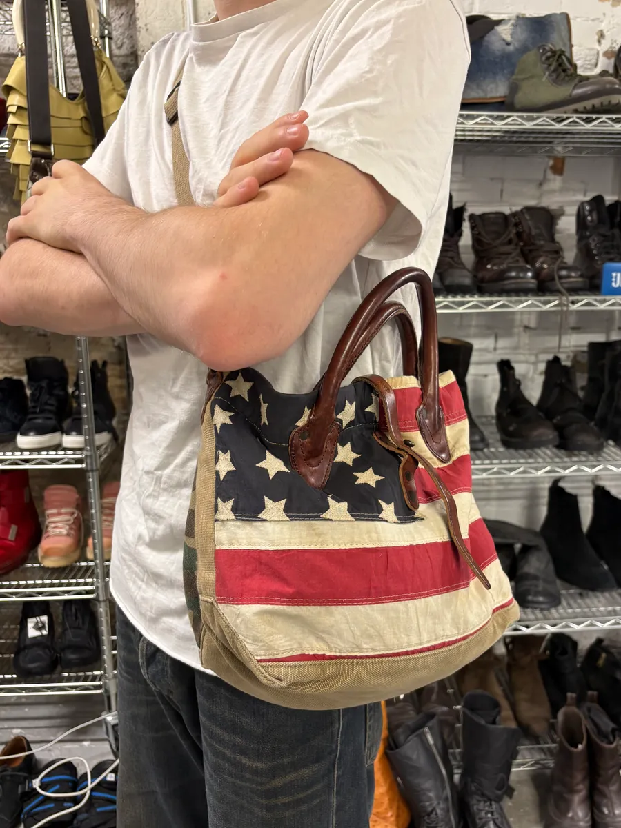 1990s Ralph Lauren Camo USA Flag Faded Shoulder Bag - Image 5