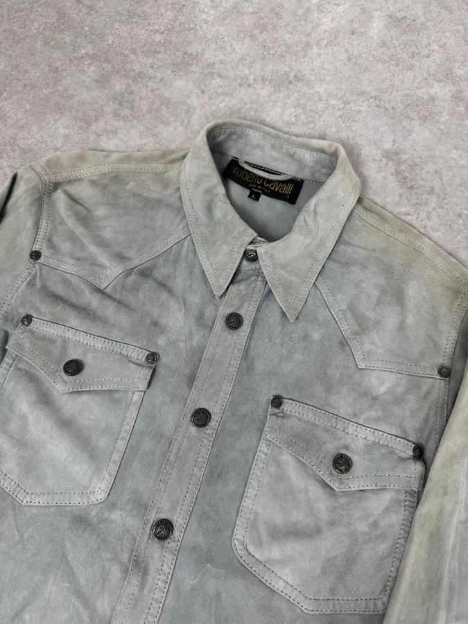 1990s Roberto Cavalli Baby Grey Suede Leather Shirt - Image 5