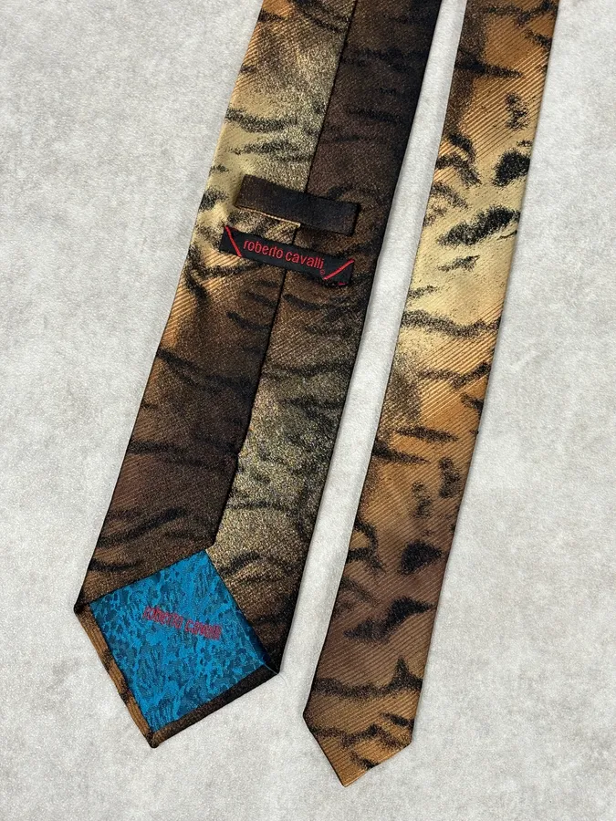 1990s Roberto Cavalli Khaki Silk Animal Print TIE - Image 7