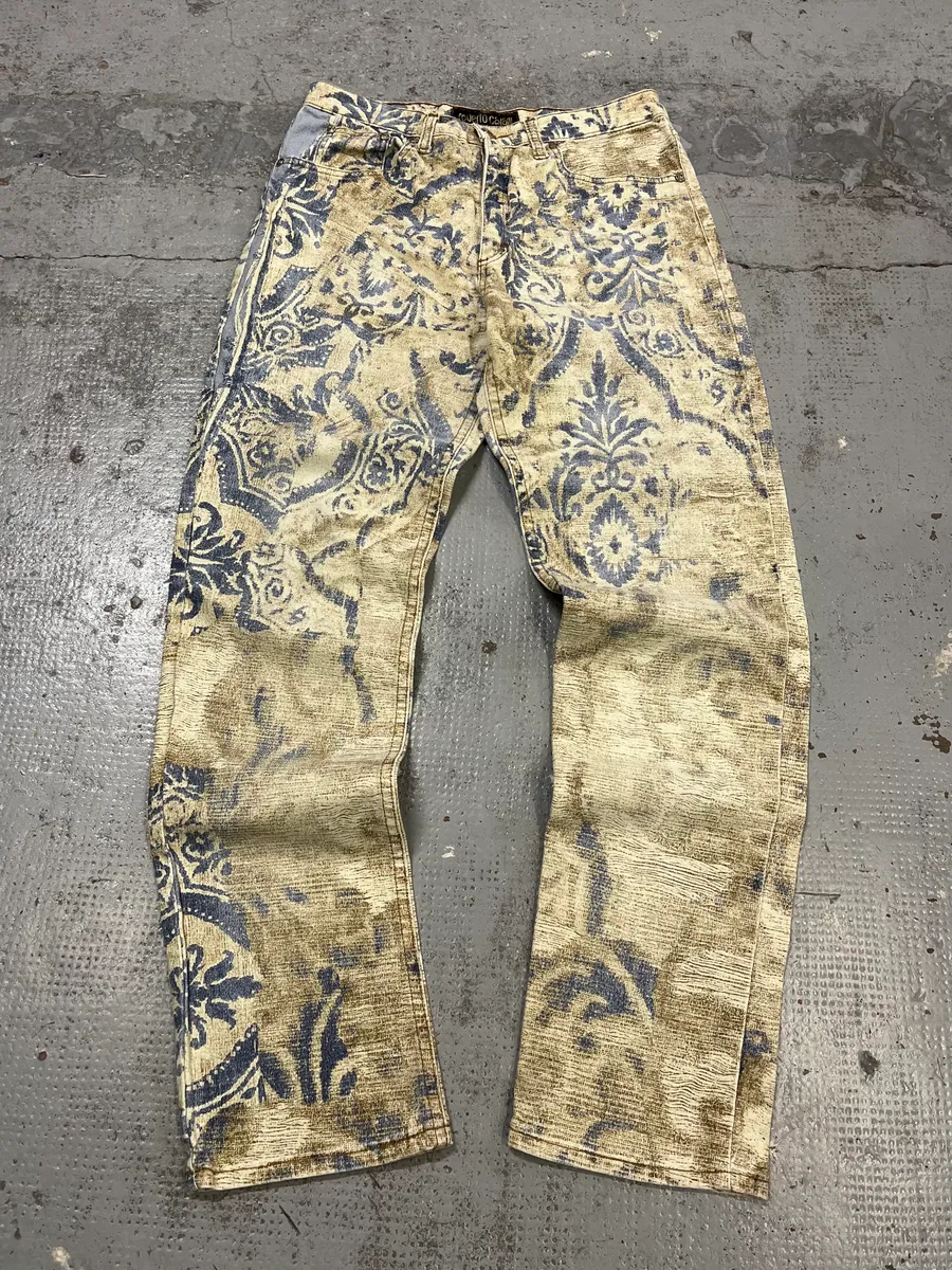 1990s Roberto Cavalli Mozaic Faded Beige & Blue Jeans