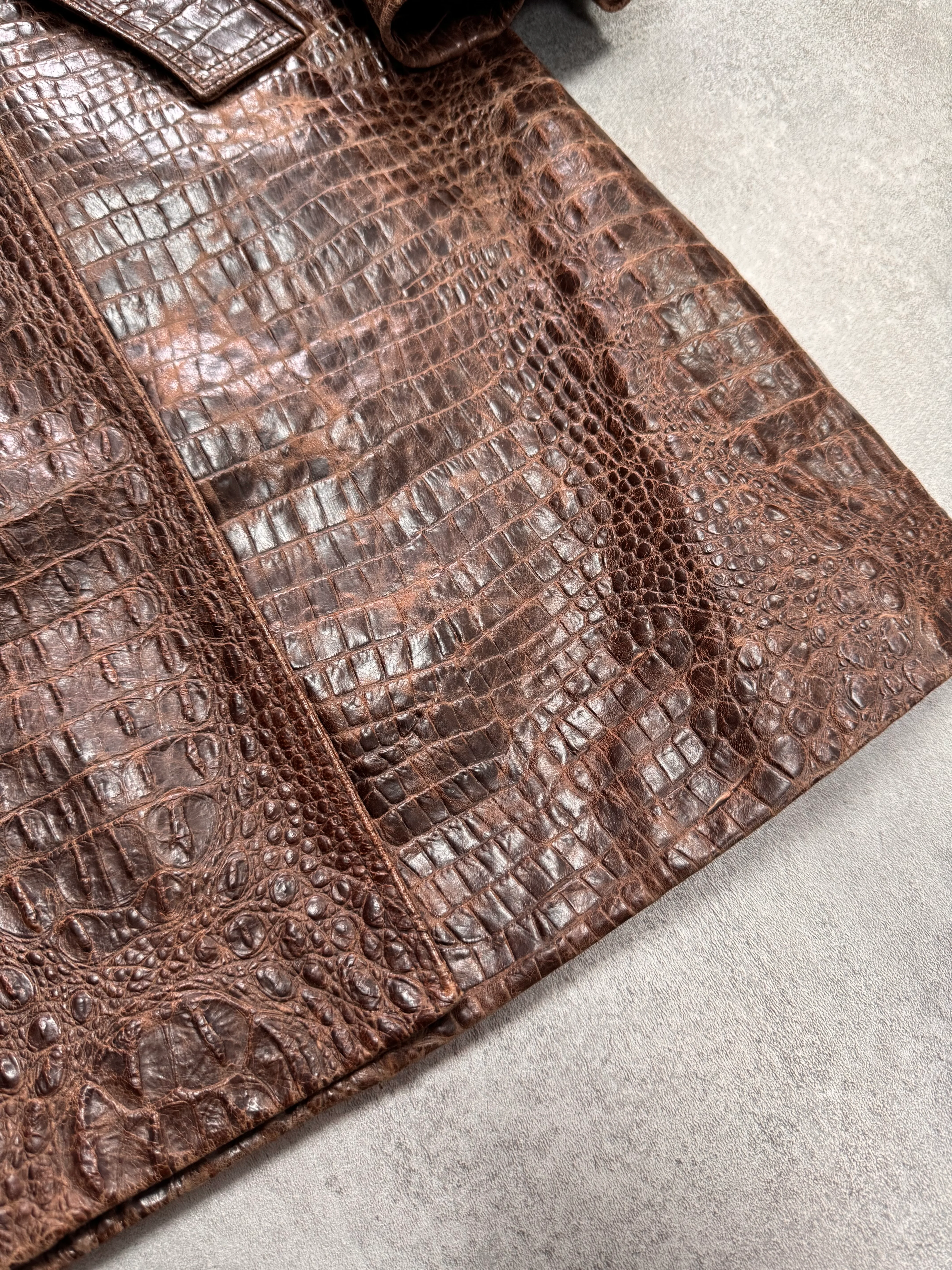 1990s Versace Crocodile Effect Embossed Leather Trench Coat - Image 4