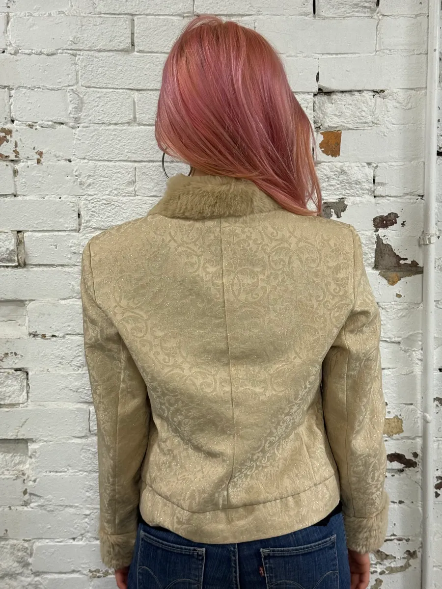 1990s Versace Ornamental Jacquard Fur Collar Beige Jacket - Image 3
