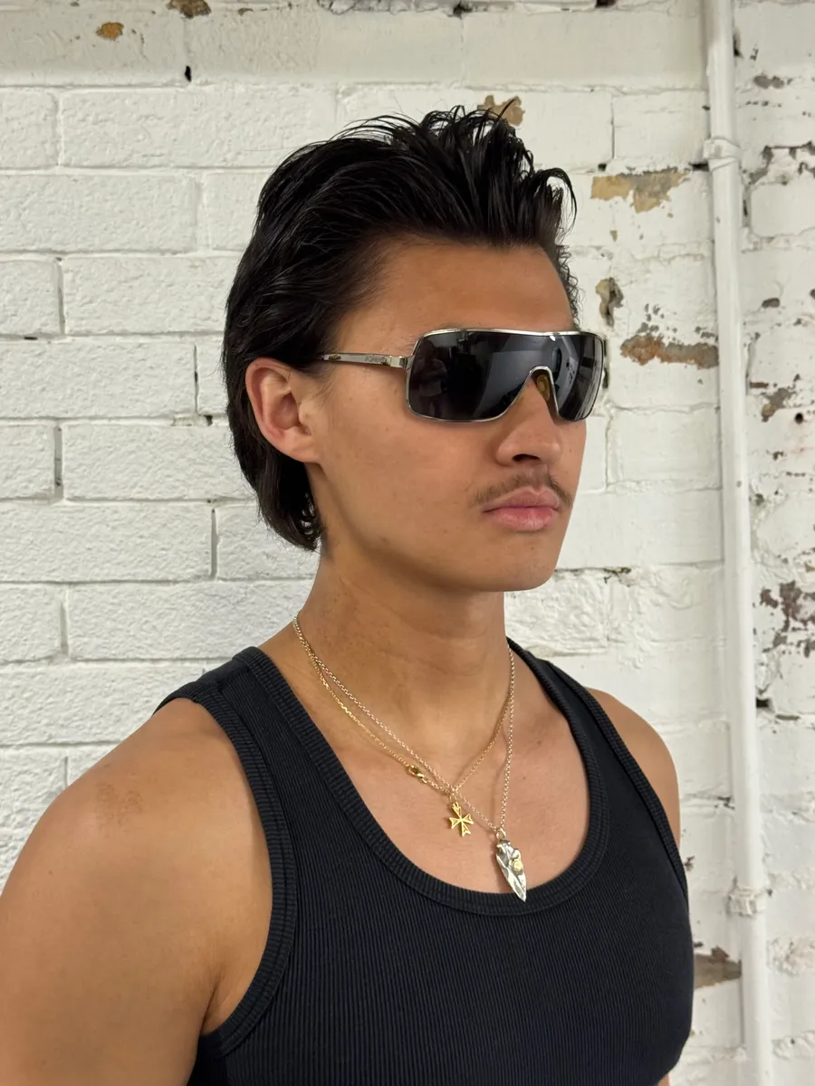 1990s Yves Saint Laurent Black Metal Shield Sunglasses