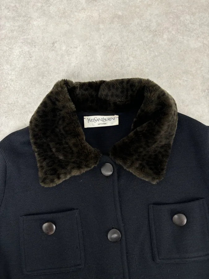 1990s Yves Saint Laurent Black Wool Fur Collar Coat - Image 4