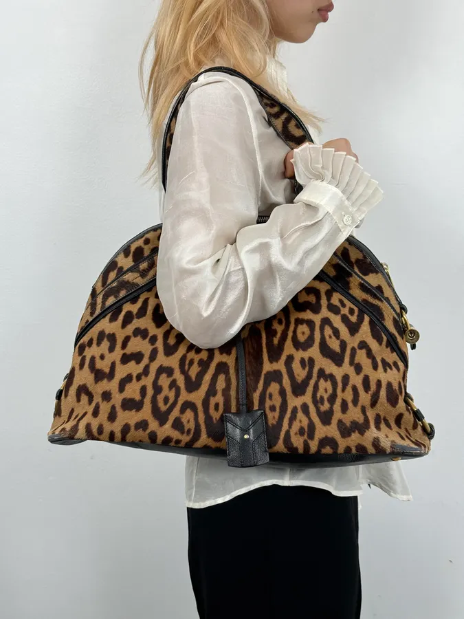 1990s Yves Saint Laurent Leopard Print Pony Hair Leather Handle Bag - Image 2
