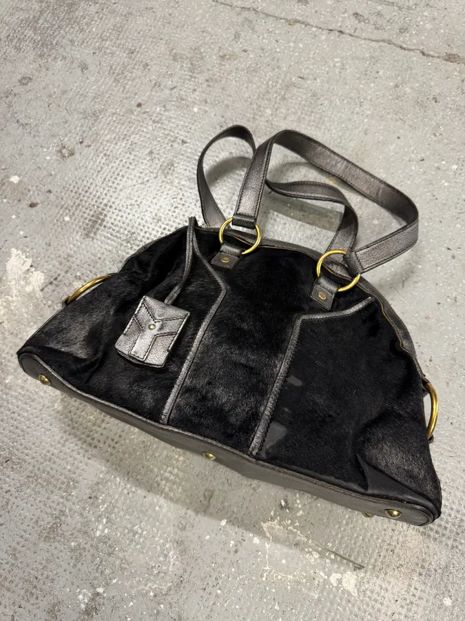1990s Yves Saint Laurent Pony Hair Y Black Leather Handle Bag - Image 3