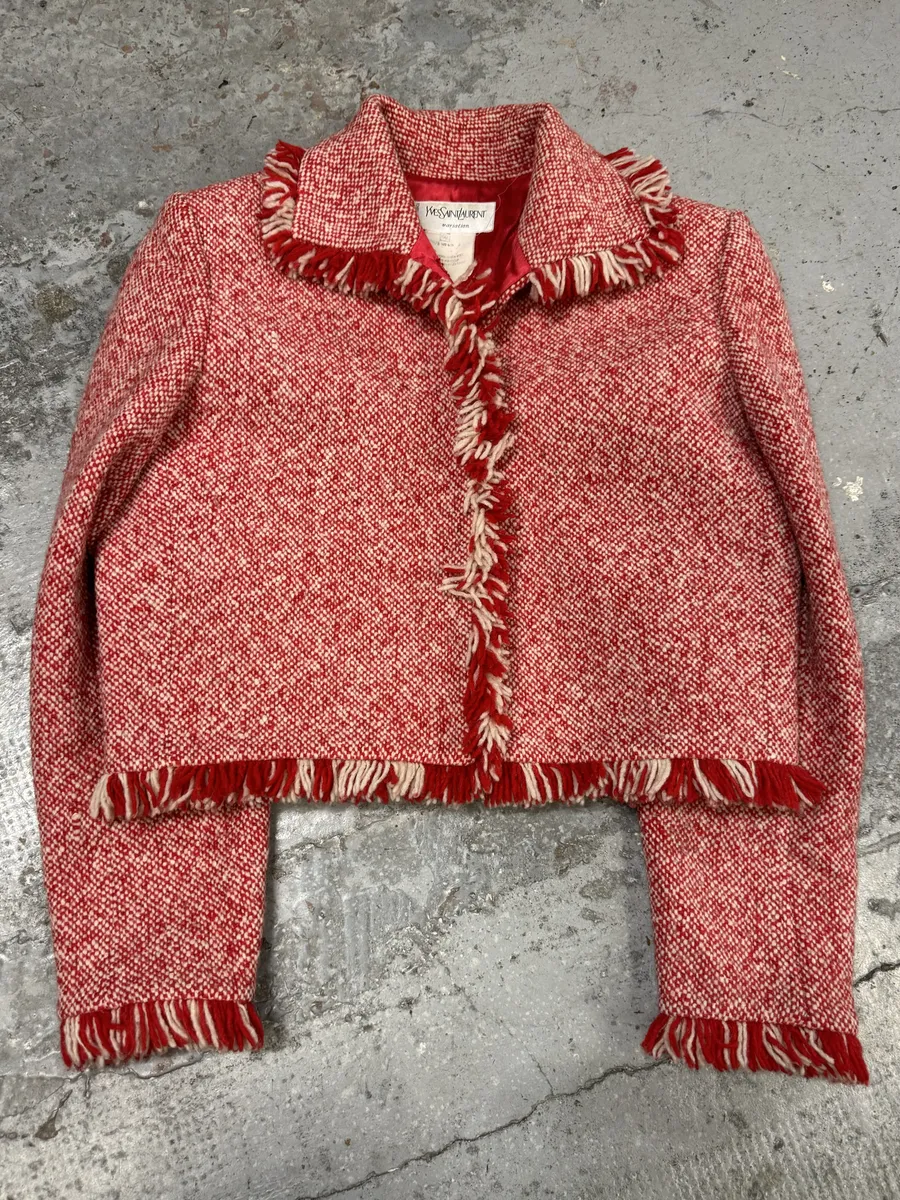 1990s Yves Saint Laurent Red & White Wool Fringe Jacket - Image 3