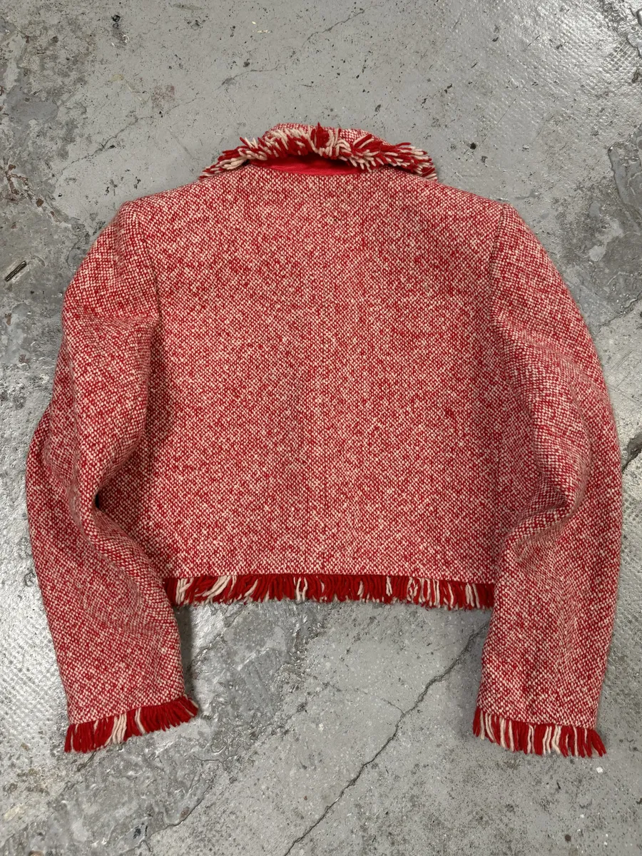 1990s Yves Saint Laurent Red & White Wool Fringe Jacket - Image 4