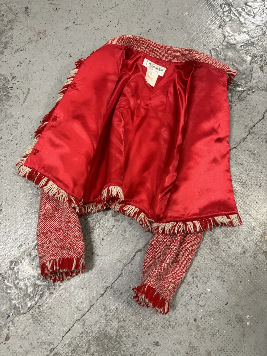 1990s Yves Saint Laurent Red & White Wool Fringe Jacket - Image 7