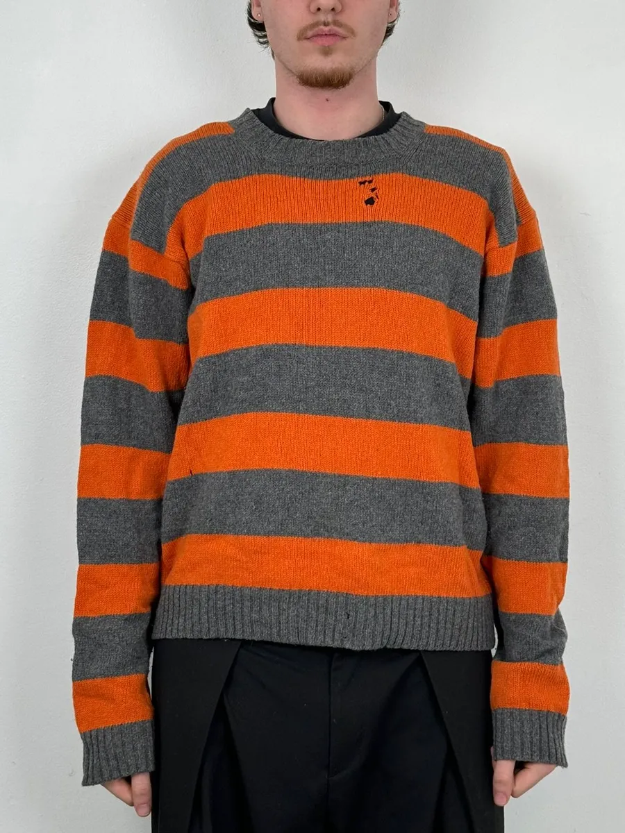 2000s Agnès b Orange &Grey Striped Distressed Wool Sweater - Image 2